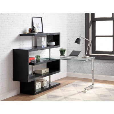 CAVINAS Home Office Desk Morden Rotating Corner Desk with 2 Wheels and Open Storage Shelves for Study