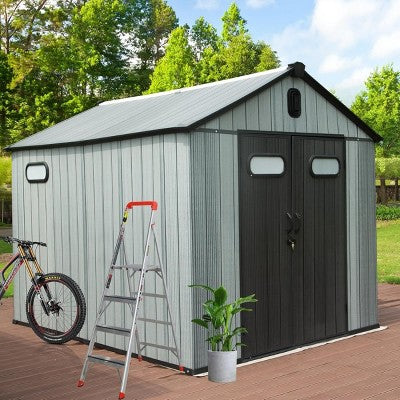 Outdoor Plastic Storage Shed, Waterproof Resin Garden Tool Shed with Lockable Doors, Windows or Vents for Lawn Mower, Bike - Koiai