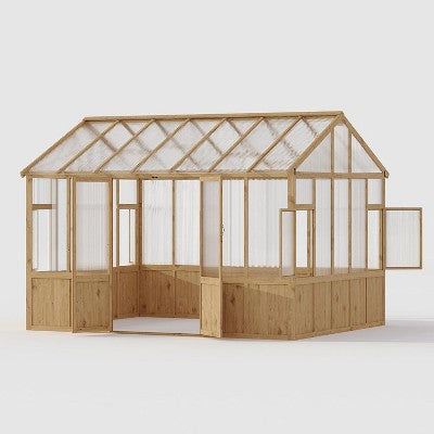 COZONY Wooden Greenhouse for Outdoors, 6mm Polycarbonate Kit with Locking Door Vented Window for Backyard Patio Lawn
