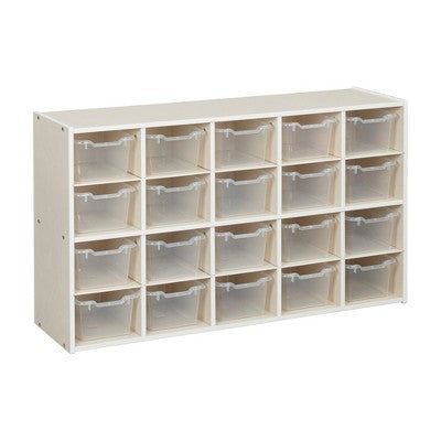 ECR4Kids Streamline 20 Cubby Tray Storage Cabinet with 20 Scoop Front Storage Bins, 4x5, White Wash