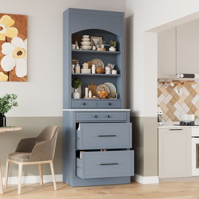 Okak 84" Freestanding Tall Kitchen Pantry Sideboard Cabinet with Storage & Faux Marble Top, Cupboard Buffet Cabinet for Dining Room