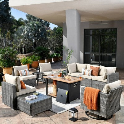Venice 10pc Wicker Outdoor Patio Furniture Set Conversation Sofa with a Storage Fire Pit, Swivel Chair and Cushions