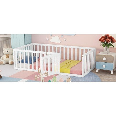 CAVINAS Twin Size Wood Montessori Bed,Modern Floor Bed Frame with Safety Fence and Door,Toddler Bed for Bedroom