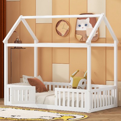 Lyngins Wood House Bed Frame with Fence, Door & Whimsical Sky Roof, Classic Floor Bed, Twin Size Toddler Bed, Play-Friendly Kids' Bed Frame