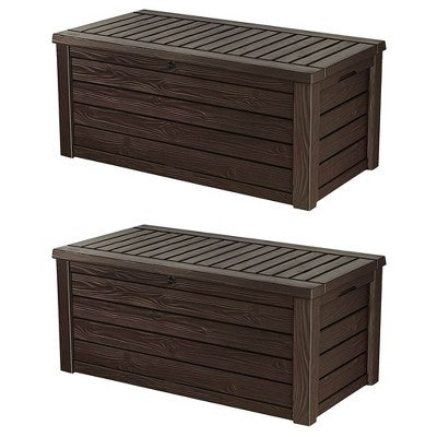 Keter Westwood Outdoor Resin 150 Gallon Deck Storage Box Organizer for Patio Furniture, Pool Toys and Yard Tools with Bench, Brown (2 Pack)