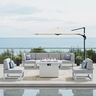 LayinSun 7-Piece Large Outdoor Modular L-Shaped Sectional Set with Propane Fire Pit Table