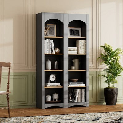 5 Tier Set of 2 Bookcase Bookshelf Kitchen Pantry Cabinet Display Rack Storage Cabinet with Adjustable Shelves, Black/Gray/White-ModernLuxe