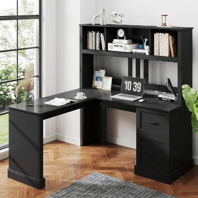Zevemomo 60" L Shaped Desk with Hutch and Drawers, Corner Computer Desk with Open Storage Shelves,for Home Office or Bedroom, Modern Black