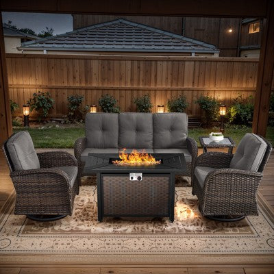 POCASSY 5PCS Outdoor Patio Furniture Set with Fire Pit Table, Brown Wicker Patio Furniture Couch Outdoor Swivel Chair and 43" Propane Firepit Table