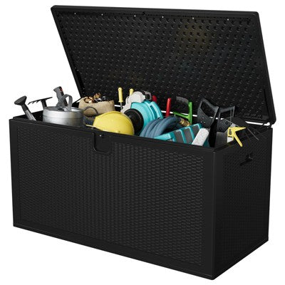 150 Gallon Resin Deck Box, Large Waterproof Patio Storage Box, Lockable Outdoor Storage Bench for Pool Toys, Cushions & Garden Tools