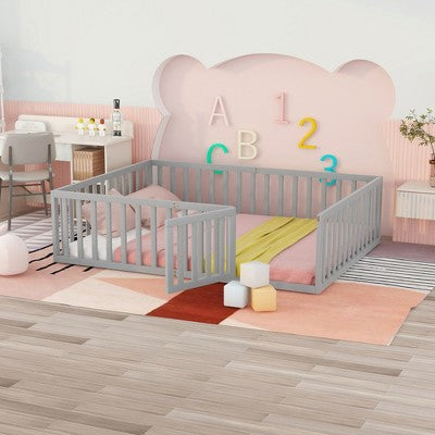 Queen Size Wood Floor Bed Frame with Fence and Door for Kids Bedroom