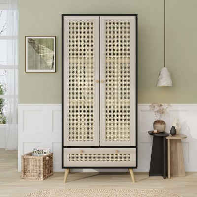Kumasinova Bedroom Armoires,Wardrobe with 2 Rattan Doors,Drawer,Hanging Rod,Boho Wooden Wardrobe with Anti-Tipping Device for Bedroom,Living Room