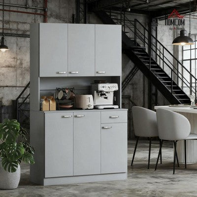 ORRD 6-Door Kitchen Buffet with Glass Doors & 2 Drawers | Vintage Storage Cabinet with Adjustable Shelves & Anti-Tip Strap，White