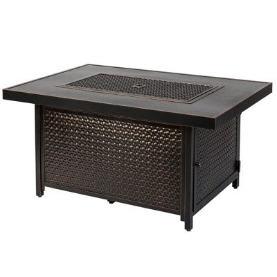 Fire Sense 48” Weyland Hammered Aluminum Gas Fire Pit 55,000 BTU Multi-Functional - Protective Cover and Clear Fire Glass - Rectangle