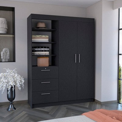 Depot E-Shop 3-Tier Shelf and Drawers Armoire with Metal Handles