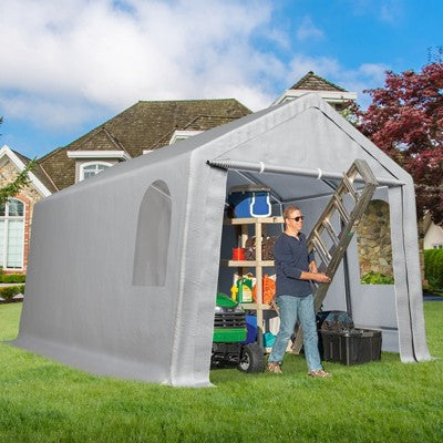 Carport Canopy, Heavy Duty Waterproof Portable Garage with Removable Doors & Sidewalls, All-Season Tarp for Motorcycle, Garden Tools Gray 8'x14'