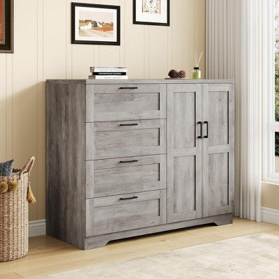 Wood Armoire Wardrobe Closet Cabinet with 4 Drawers 2 Doors and Hanging Rod Gray