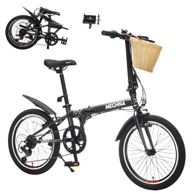 Gulches 20 Inch Folding Bike for Adults, 6-Speed Steel Frame City Commuter with Basket, Phone Holder & Fenders, Dual V-Brake Portable Bicycle
