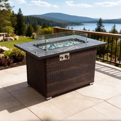 44" Propane Gas Fire Pit Table, 50000 BTU Rectangular Fire Pit, Tile Tabletop with Beautiful Wicker Base for Outside Patio Deck Garden Courtyard-Brown
