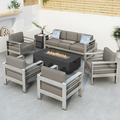 Christopher Knight Home Cape Coral Outdoor Aluminum 7 Seater Chat Set with Fire Pit