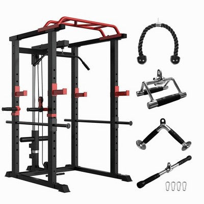 NAYSAYE Exercise Trainers Power Cage Adjustable with Gym Accessories 1000LBS Capacity for Home Gym Living Room, Black and Red, 85.96"*11.81"*5.12"