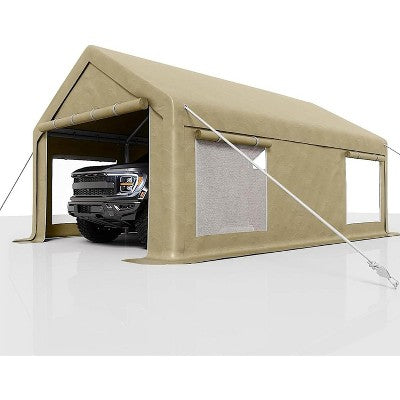 Heavy-Duty Carport with Roll-Up Windows Removable Sidewall&Door Thickened Wind Ropes,Ground Nails,Portable Car Tent Garage 180G Durable Tarp Cover