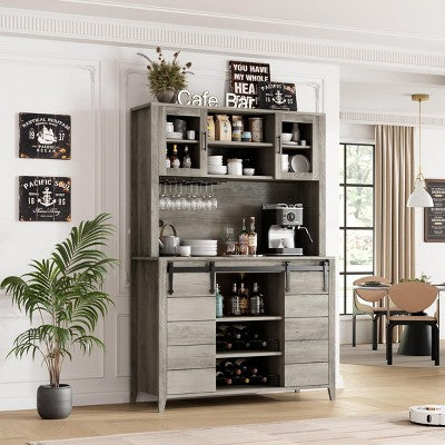 Jojoka 70" Wine Coffee Bar Cabinet with Storage Hutch, Kitchen Pantry Liquor Cabinet with Sliding Barn Doors, Bottle Glasses Rack, Farmhouse Buffet