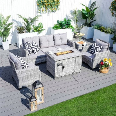 Moda Furnishings 5-Piece Outdoor Wicker Sectional Seating Group with Cushions and Fire Pit