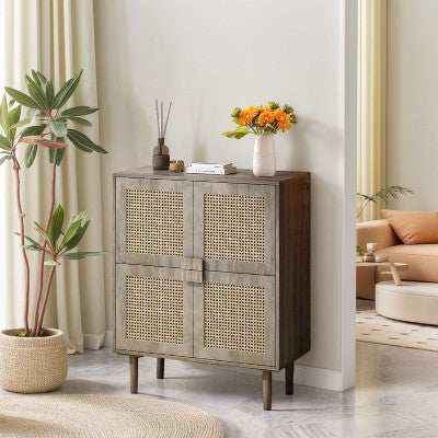 Okak Rustic Sideboard Storage Cabinet with Rattan Mesh Doors, Wooden Buffet Cabinet for Kitchen/Dining Room/Hallway
