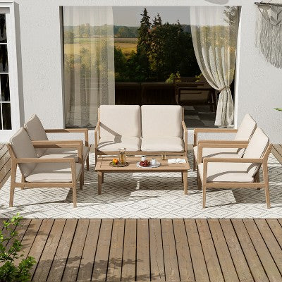 Christopher Knight Home Vanda Patio 6 Pieces Acacia Wood Open Slat Seating Set with Cushions