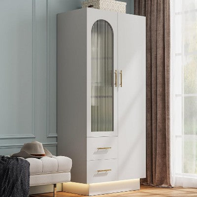 70.07" Tall Armoire Storage Cabinet with 2 Doors & 2 Drawers,Modern Floor Storage Cabinet with LED Light