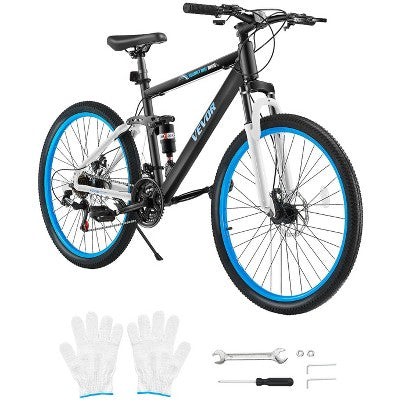 VEVOR Mountain Bike, 26-inch MTB Bicycle with Full Dual Suspension, 21-Speed Twist Shifter,Dual Disc Brakes, Aluminum Alloy Frame , Black&Blue