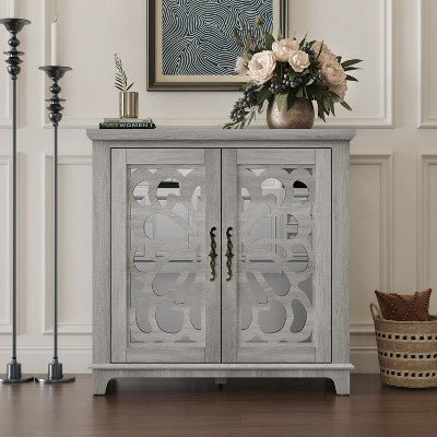 ORRD 34" Sideboard Buffet with 2 Mirrored Doors, Hollow-Carved Butterfly Design, Adjustable Shelf Storage Cabinet Kitchen Living，Brown