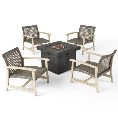 GDFStudio Jennings Outdoor Acacia Wood and Wicker 5 Piece Club Chair and Fire Pit Set