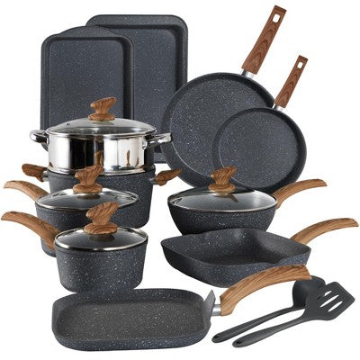 Itopfox Kitchen Academy Induction Cookware Set - 17 Piece Non-Stick Cooking Pan Set, Black Granite Pots and Pans Set for All Stovetops