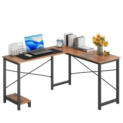 FONTOI Desks with Lower Storage Shelf, Spacious Surface, 49-Inch L Shaped Corner Gaming Desk with Side Bag for Home Office, Brown, 50"*39.37"*29.41"