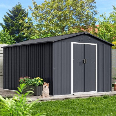 Acekool 8x15 FT Metal Outdoor Storage Shed, Large Garden Tool Shed with Lockable Sliding Door, Vents, Sloped Roof, Waterproof for Backyard, Gray