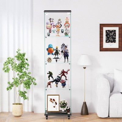Kumasinova 4-Tier Glass Display Cabinet,Tempered Glass Showcase on Wheels with Acrylic Shelves & Lock,Storage Rack for Living Room,Bedroom