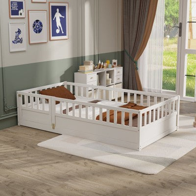 Okak Twin/Full Floor Bed for Toddlers & Kids - Child-Led Design with Safety Rails & Door, Modern Low Bed Frame for Children's Bedroom