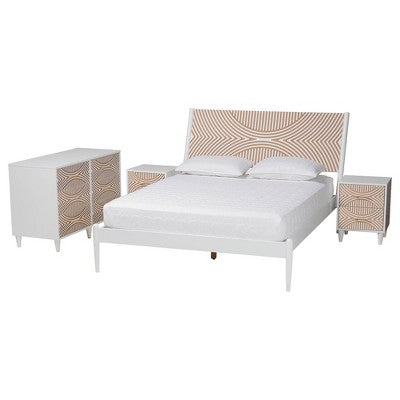 Baxton Studio Queen 4pc Louetta Carved Contrasting Bedroom Set White/Natural Brown