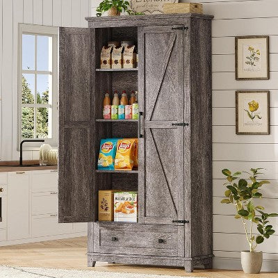 AMERLIFE Farmhouse Kitchen Pantry Cabinet, 72" Tall Storage Cabinet with Adjustable Shelves & Barn Doors