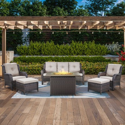 POCASSY 6-Piece Outdoor Furniture Set with 50000BTU Propane Fire Pit, All Weather Wicker Patio Fire Pit Table Set with 3-Seater Sofa and Club Chair
