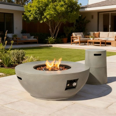 36" Propane Gas Fire Pit Table 2-Pieces, 50000 BTU Round Steel Fire Pit with Tank Holder for Outside Patio Deck Garden Backyard- Grey