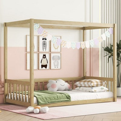 CAVINAS Twin Size Kid Canopy Floor Bed, Montessori Toddler Bed Frames,Floor Bed with Guardrails for Kids,Girls&Boys,No Box Spring Needed