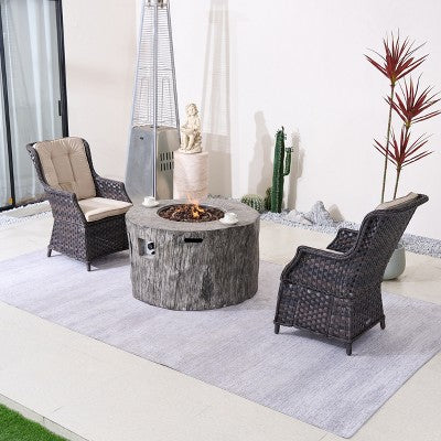 Moda Furnishings 3-Piece Wicker Aluminum Outdoor Fire Pit Set with Cushions-Gray Fire Pit Table