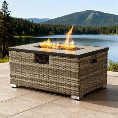 32" Propane Gas Fire Pit Table with Propane Tank Cover, 50000 BTU Rectangular Steel Outdoor Fire Pit Table with Wicker Base for Patio, Garden, 2 pcs