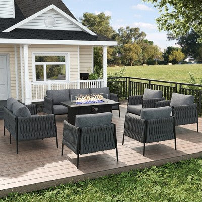 LayinSun 7 Piece Outdoor Furniture Set with Fire Pit Table, Modern Rope Woven Patio Conversation Sofa Set with Olefin