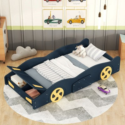 Sapphtopaz Bed Frame for Kids with Race Car-Shaped Wood Platform Bed with Wheels and Storage for Boys & Girls, Bedroom, Nursery