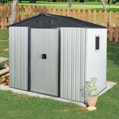 MOEPISY 8ft X 4ft Outdoor Metal Storage Shed With Window And Metal Foundation, White And Black