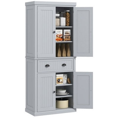 72"H Traditional Kitchen Pantry Cabinet, Freestanding Storage with 4 Doors, Central Drawer, 3 Adjustable Shelves, Ideal for Dining Room